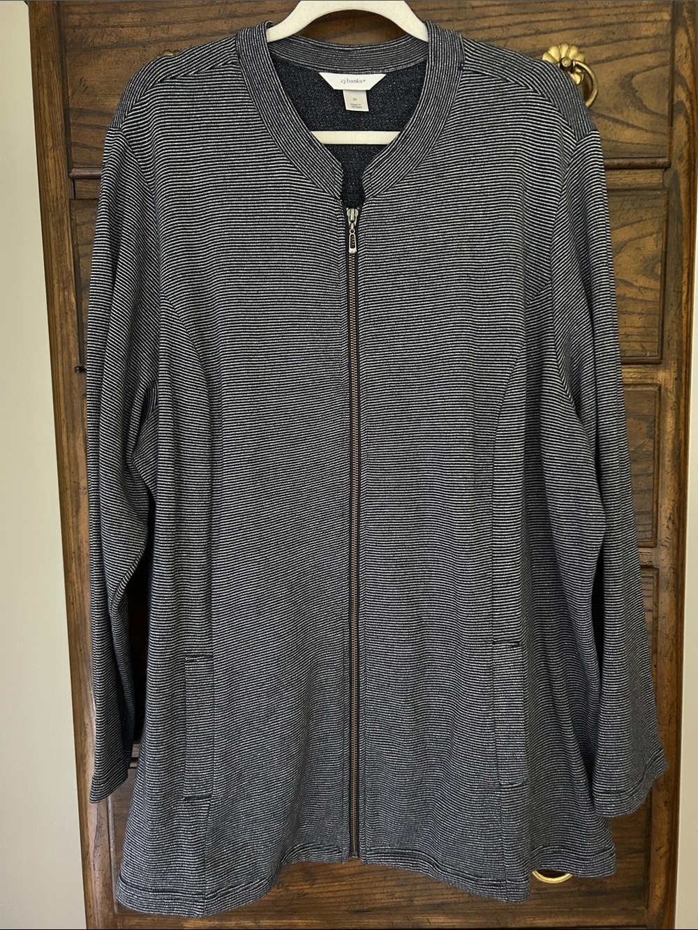 CJ Banks Navy and Silver Thread Striped Long Zip Cardigan, Size 3X